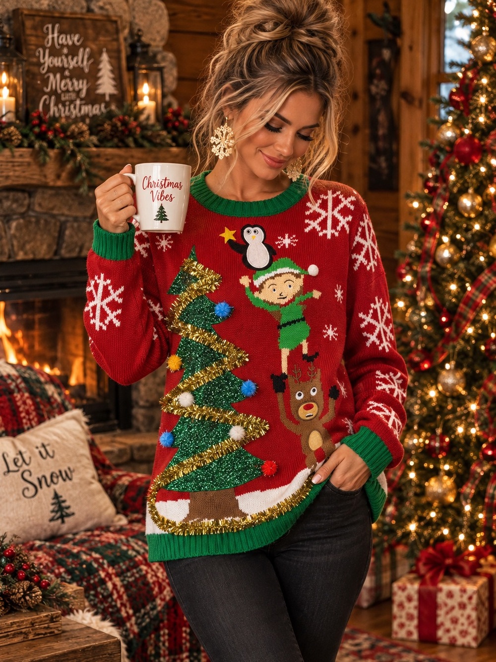 Joyland NWT Ugly Christmas Sweater M 3D Tinsel Pom Pom Elf Reindeer Penguin